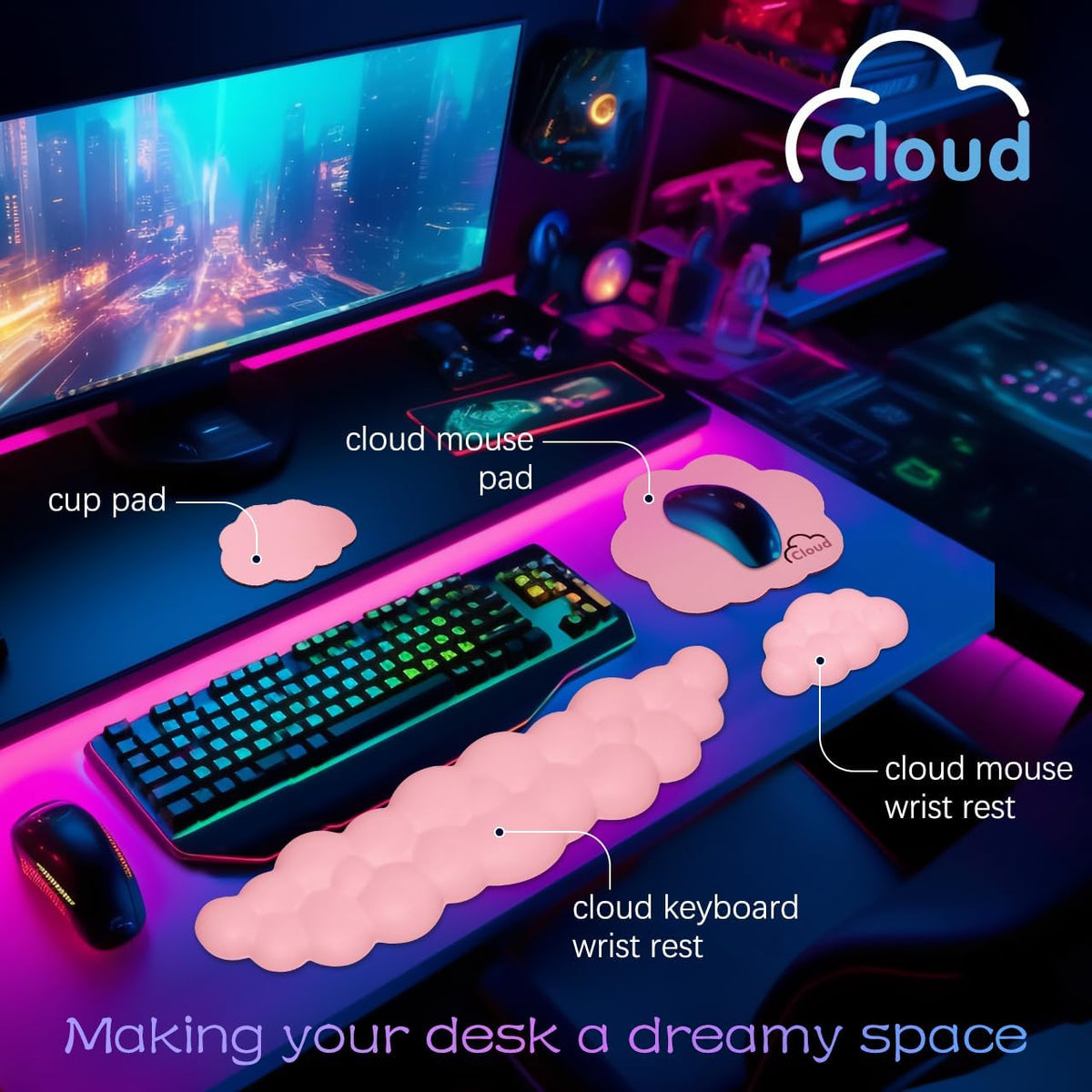 4 in 1 Ergonomic Leather Cloud Wrist Rest Keyboard and Mouse Pad & Coaster