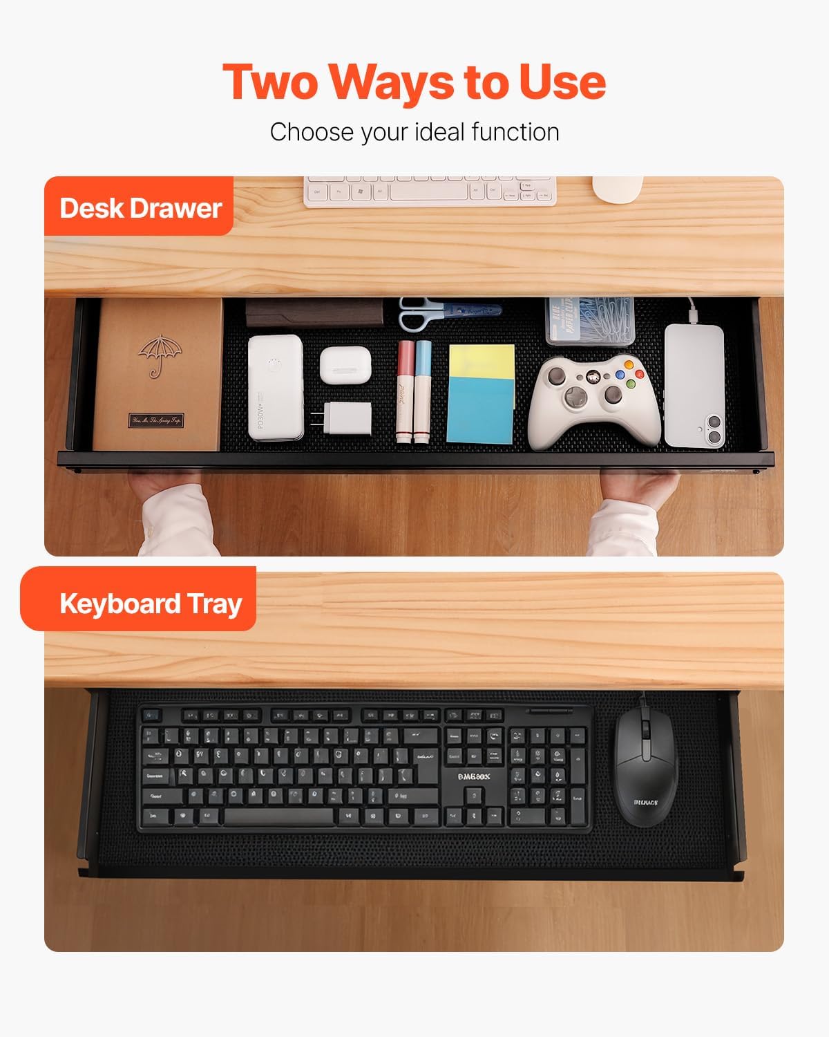 Under Desk Drawer Slide Out, 33inch Under Desk Mounted Pull-out Drawer Attachment, Hidden Under Counter Drawers for office Home Sit Stand Workstation, Black