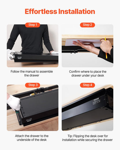 Under Desk Drawer Slide Out, 33inch Under Desk Mounted Pull-out Drawer Attachment, Hidden Under Counter Drawers for office Home Sit Stand Workstation, Black