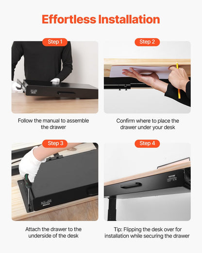 Under Desk Drawer Slide Out, 33inch Under Desk Mounted Pull-out Drawer Attachment, Hidden Under Counter Drawers for office Home Sit Stand Workstation, Black