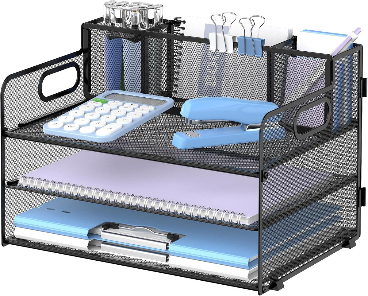 3 Tier Desk Organizer with Handle & 3 Pen Holders, Mesh Paper/File Organizer for Desk, Paper Letter Tray Organizer for Office Supplies (Black), 1 Pack, 3CST-3PH