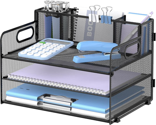 3 Tier Desk Organizer with Handle & 3 Pen Holders, Mesh Paper/File Organizer for Desk, Paper Letter Tray Organizer for Office Supplies (Black), 1 Pack, 3CST-3PH
