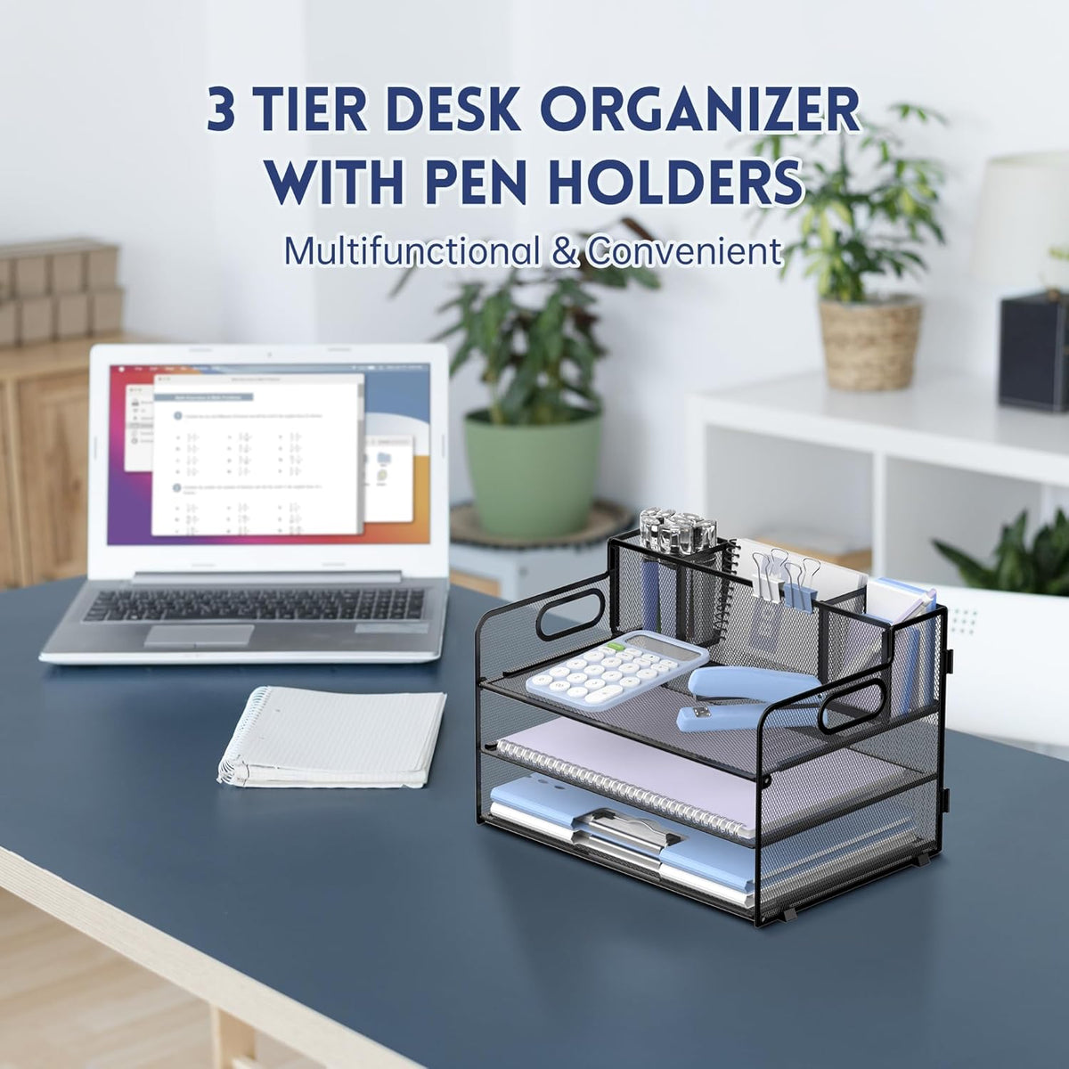 3 Tier Desk Organizer with Handle & 3 Pen Holders, Mesh Paper/File Organizer for Desk, Paper Letter Tray Organizer for Office Supplies (Black), 1 Pack, 3CST-3PH