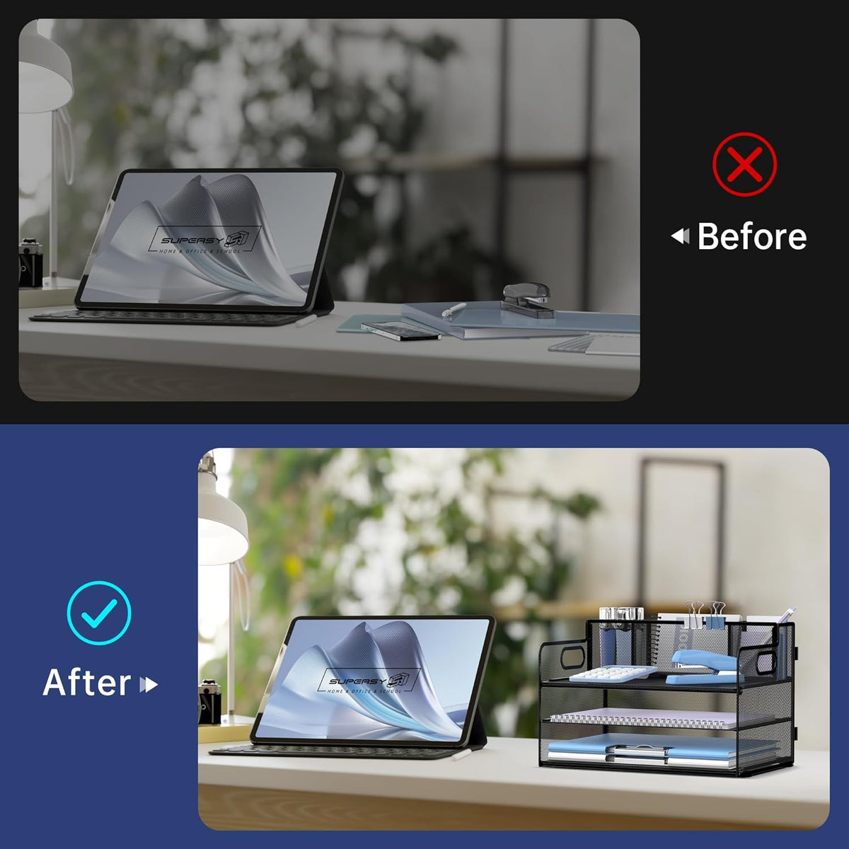 3 Tier Desk Organizer with Handle & 3 Pen Holders, Mesh Paper/File Organizer for Desk, Paper Letter Tray Organizer for Office Supplies (Black), 1 Pack, 3CST-3PH