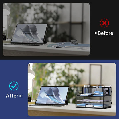 3 Tier Desk Organizer with Handle & 3 Pen Holders, Mesh Paper/File Organizer for Desk, Paper Letter Tray Organizer for Office Supplies (Black), 1 Pack, 3CST-3PH