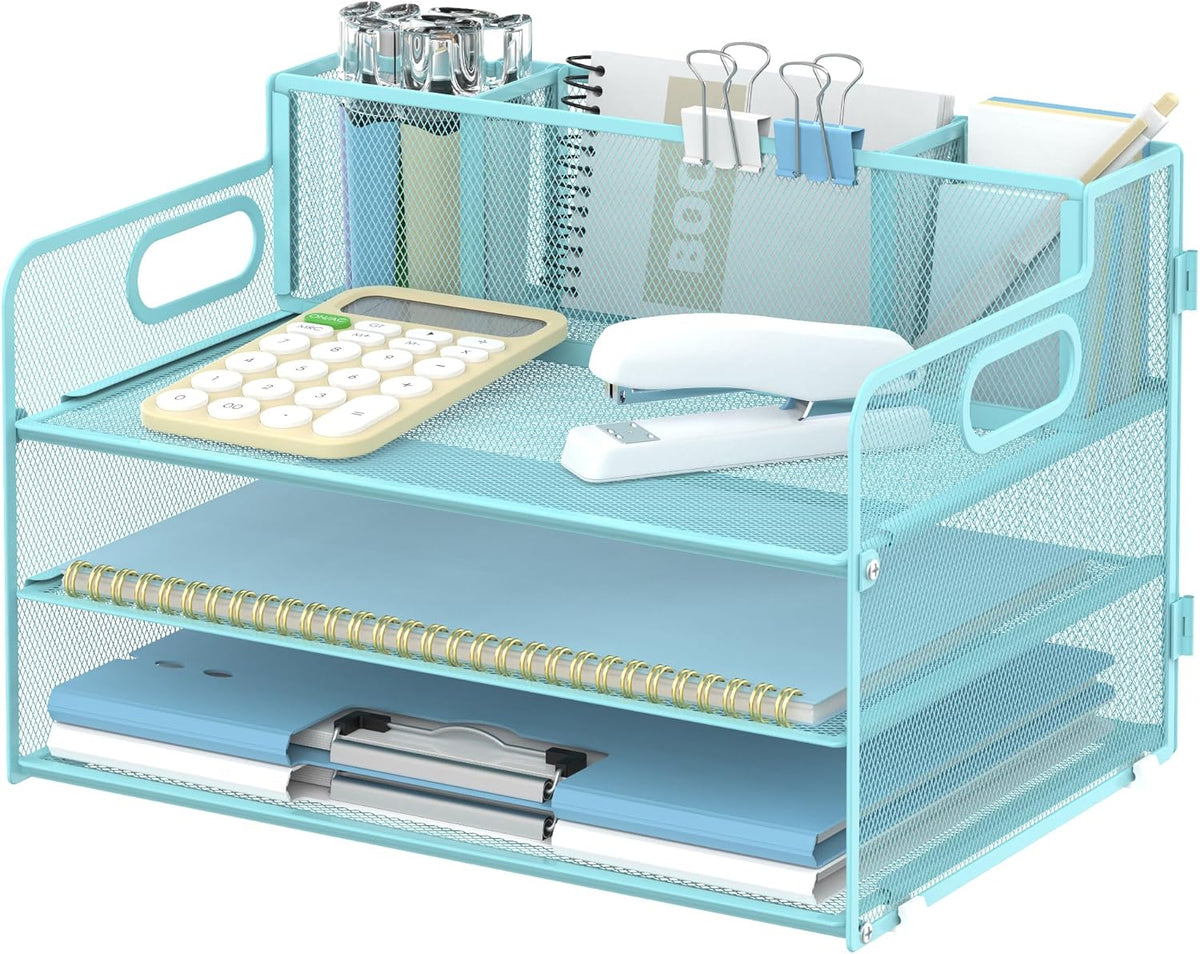 3 Tier Desk Organizer with Handle & 3 Pen Holders, Mesh Paper/File Organizer for Desk, Paper Letter Tray Organizer for Office Supplies (Black), 1 Pack, 3CST-3PH