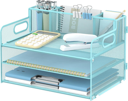 3 Tier Desk Organizer with Handle & 3 Pen Holders, Mesh Paper/File Organizer for Desk, Paper Letter Tray Organizer for Office Supplies (Black), 1 Pack, 3CST-3PH