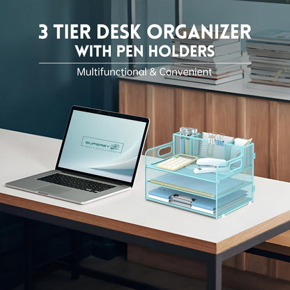 3 Tier Desk Organizer with Handle & 3 Pen Holders, Mesh Paper/File Organizer for Desk, Paper Letter Tray Organizer for Office Supplies (Black), 1 Pack, 3CST-3PH