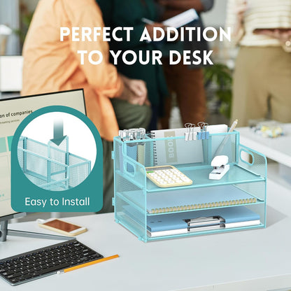 3 Tier Desk Organizer with Handle & 3 Pen Holders, Mesh Paper/File Organizer for Desk, Paper Letter Tray Organizer for Office Supplies (Black), 1 Pack, 3CST-3PH