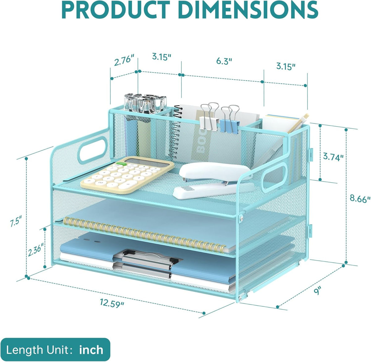 3 Tier Desk Organizer with Handle & 3 Pen Holders, Mesh Paper/File Organizer for Desk, Paper Letter Tray Organizer for Office Supplies (Black), 1 Pack, 3CST-3PH