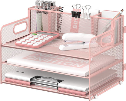 3 Tier Desk Organizer with Handle & 3 Pen Holders, Mesh Paper/File Organizer for Desk, Paper Letter Tray Organizer for Office Supplies (Black), 1 Pack, 3CST-3PH
