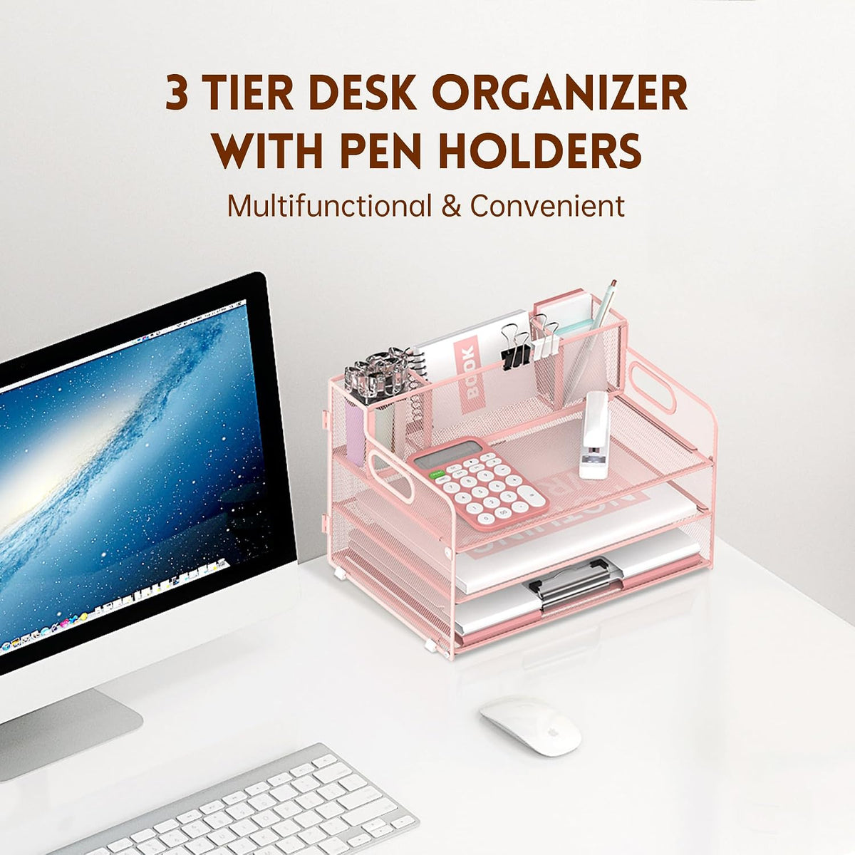 3 Tier Desk Organizer with Handle & 3 Pen Holders, Mesh Paper/File Organizer for Desk, Paper Letter Tray Organizer for Office Supplies (Black), 1 Pack, 3CST-3PH