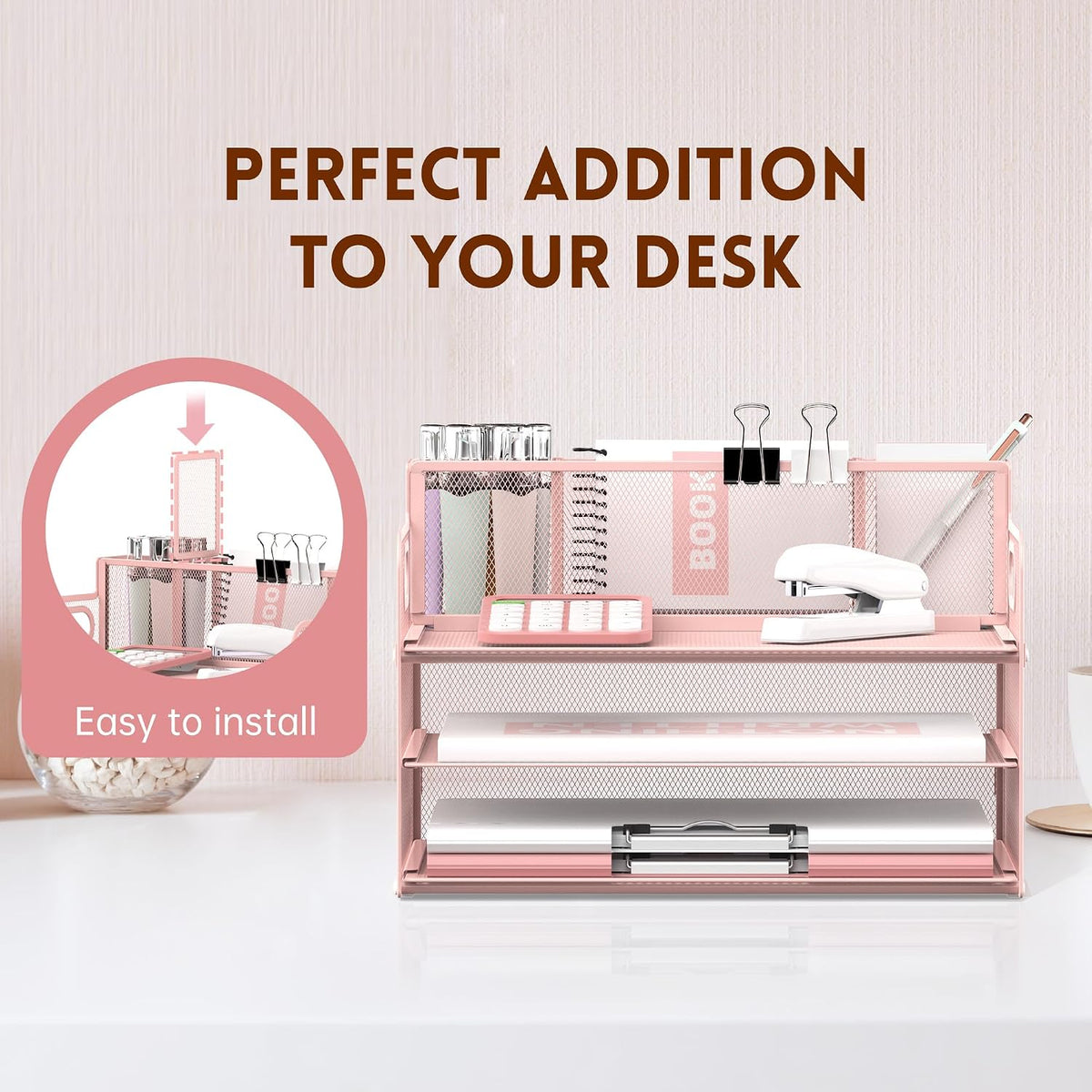 3 Tier Desk Organizer with Handle & 3 Pen Holders, Mesh Paper/File Organizer for Desk, Paper Letter Tray Organizer for Office Supplies (Black), 1 Pack, 3CST-3PH