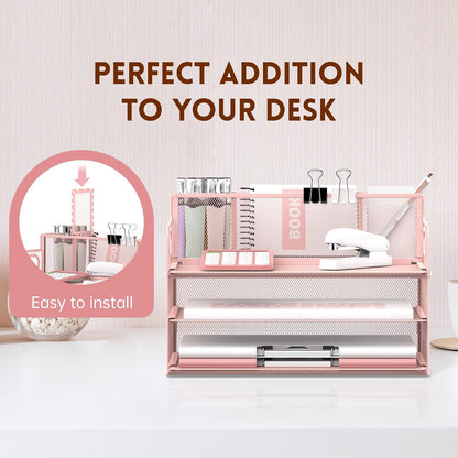 3 Tier Desk Organizer with Handle & 3 Pen Holders, Mesh Paper/File Organizer for Desk, Paper Letter Tray Organizer for Office Supplies (Black), 1 Pack, 3CST-3PH