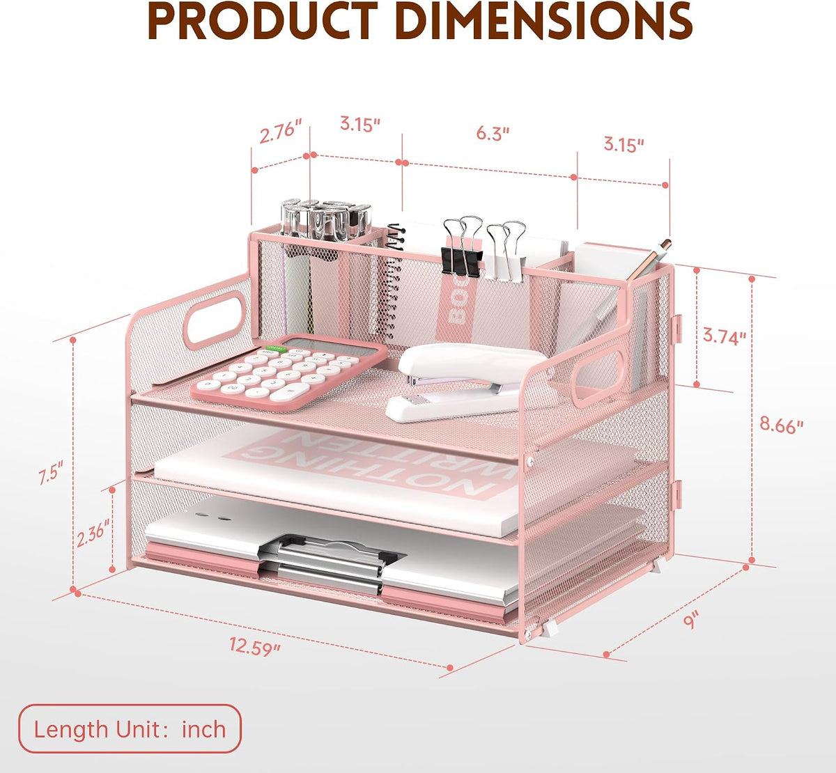 3 Tier Desk Organizer with Handle & 3 Pen Holders, Mesh Paper/File Organizer for Desk, Paper Letter Tray Organizer for Office Supplies (Black), 1 Pack, 3CST-3PH