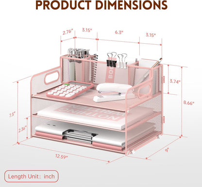 3 Tier Desk Organizer with Handle & 3 Pen Holders, Mesh Paper/File Organizer for Desk, Paper Letter Tray Organizer for Office Supplies (Black), 1 Pack, 3CST-3PH