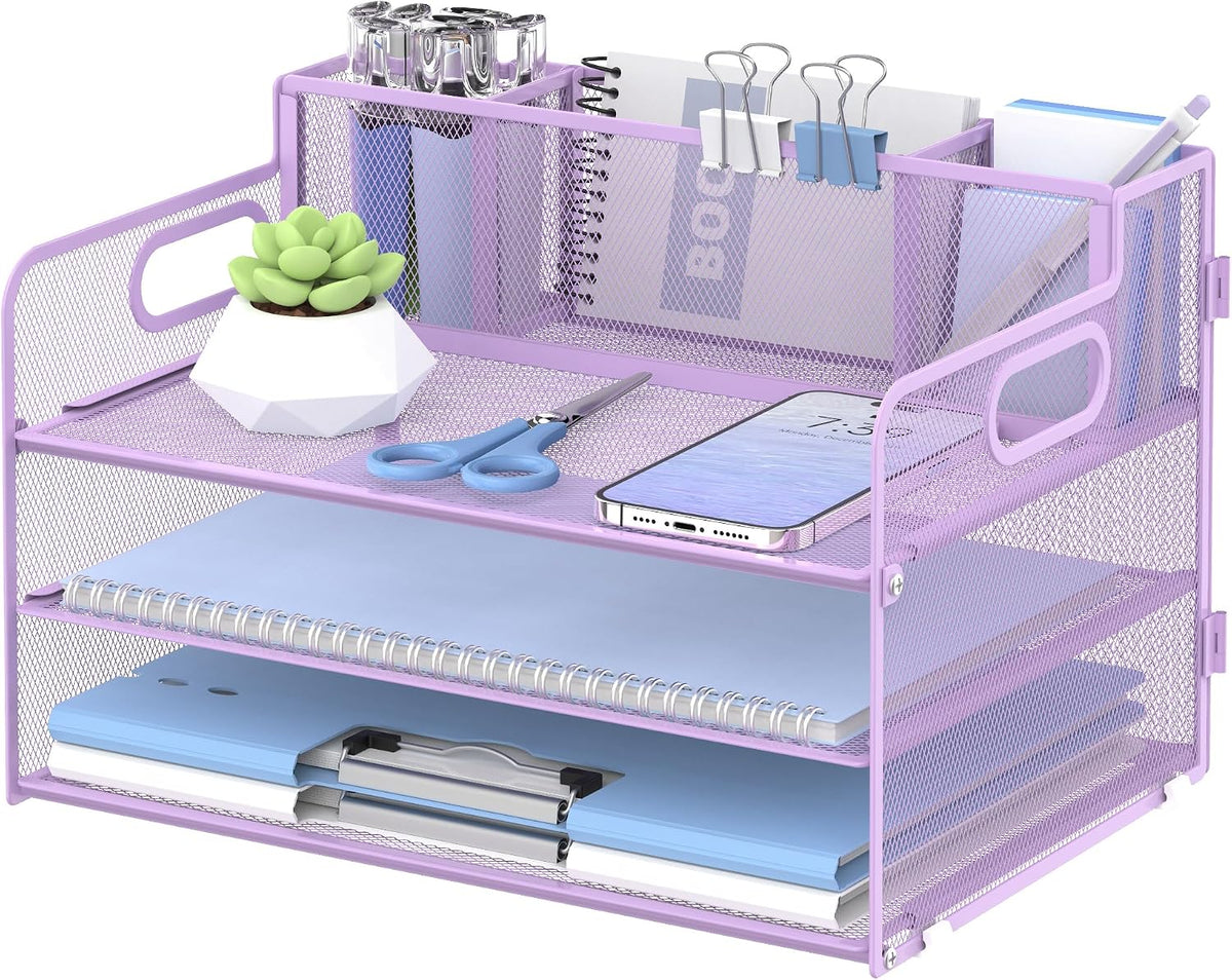 3 Tier Desk Organizer with Handle & 3 Pen Holders, Mesh Paper/File Organizer for Desk, Paper Letter Tray Organizer for Office Supplies (Black), 1 Pack, 3CST-3PH