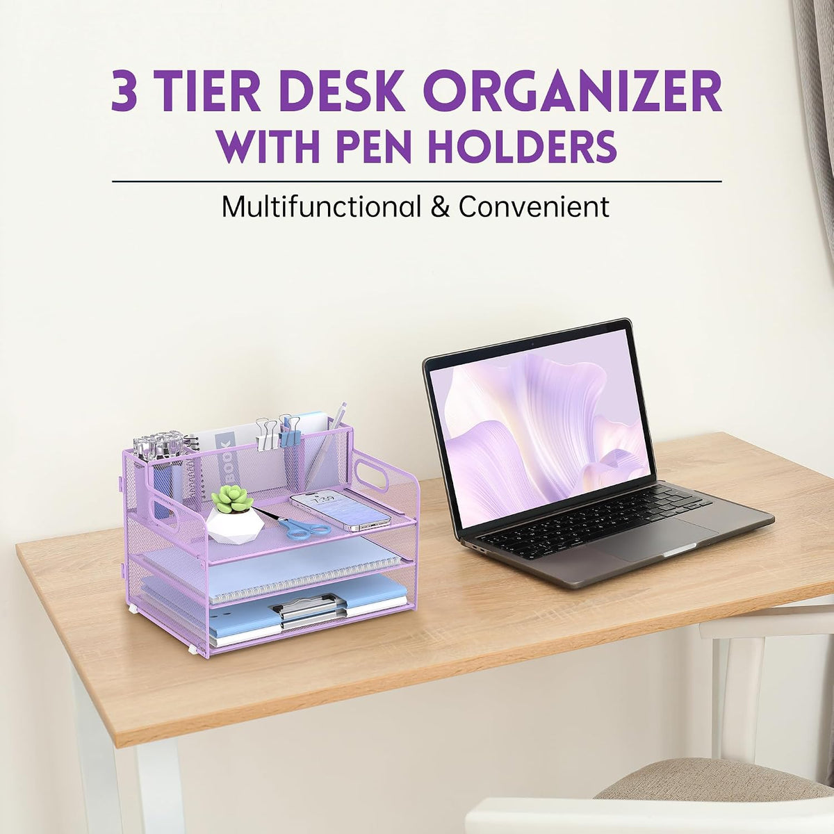 3 Tier Desk Organizer with Handle & 3 Pen Holders, Mesh Paper/File Organizer for Desk, Paper Letter Tray Organizer for Office Supplies (Black), 1 Pack, 3CST-3PH