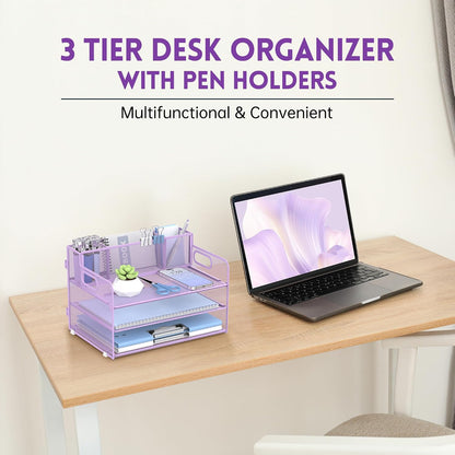 3 Tier Desk Organizer with Handle & 3 Pen Holders, Mesh Paper/File Organizer for Desk, Paper Letter Tray Organizer for Office Supplies (Black), 1 Pack, 3CST-3PH