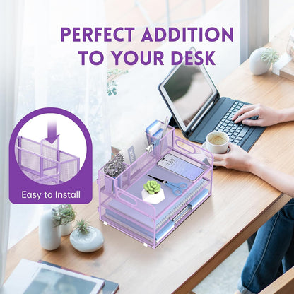 3 Tier Desk Organizer with Handle & 3 Pen Holders, Mesh Paper/File Organizer for Desk, Paper Letter Tray Organizer for Office Supplies (Black), 1 Pack, 3CST-3PH