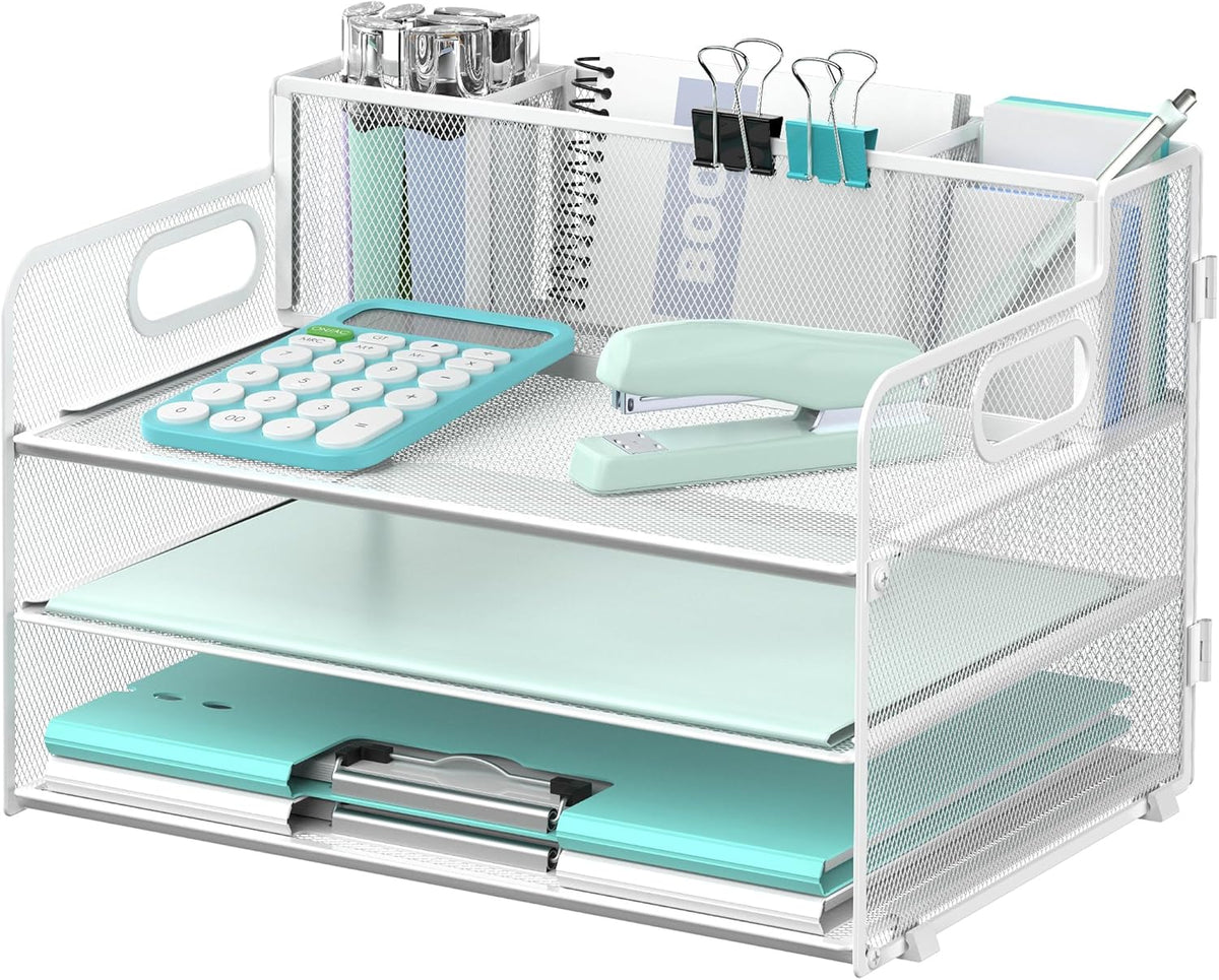 3 Tier Desk Organizer with Handle & 3 Pen Holders, Mesh Paper/File Organizer for Desk, Paper Letter Tray Organizer for Office Supplies (Black), 1 Pack, 3CST-3PH