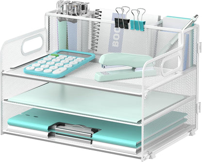 3 Tier Desk Organizer with Handle & 3 Pen Holders, Mesh Paper/File Organizer for Desk, Paper Letter Tray Organizer for Office Supplies (Black), 1 Pack, 3CST-3PH