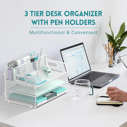 3 Tier Desk Organizer with Handle & 3 Pen Holders, Mesh Paper/File Organizer for Desk, Paper Letter Tray Organizer for Office Supplies (Black), 1 Pack, 3CST-3PH