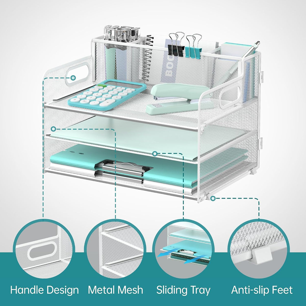3 Tier Desk Organizer with Handle & 3 Pen Holders, Mesh Paper/File Organizer for Desk, Paper Letter Tray Organizer for Office Supplies (Black), 1 Pack, 3CST-3PH