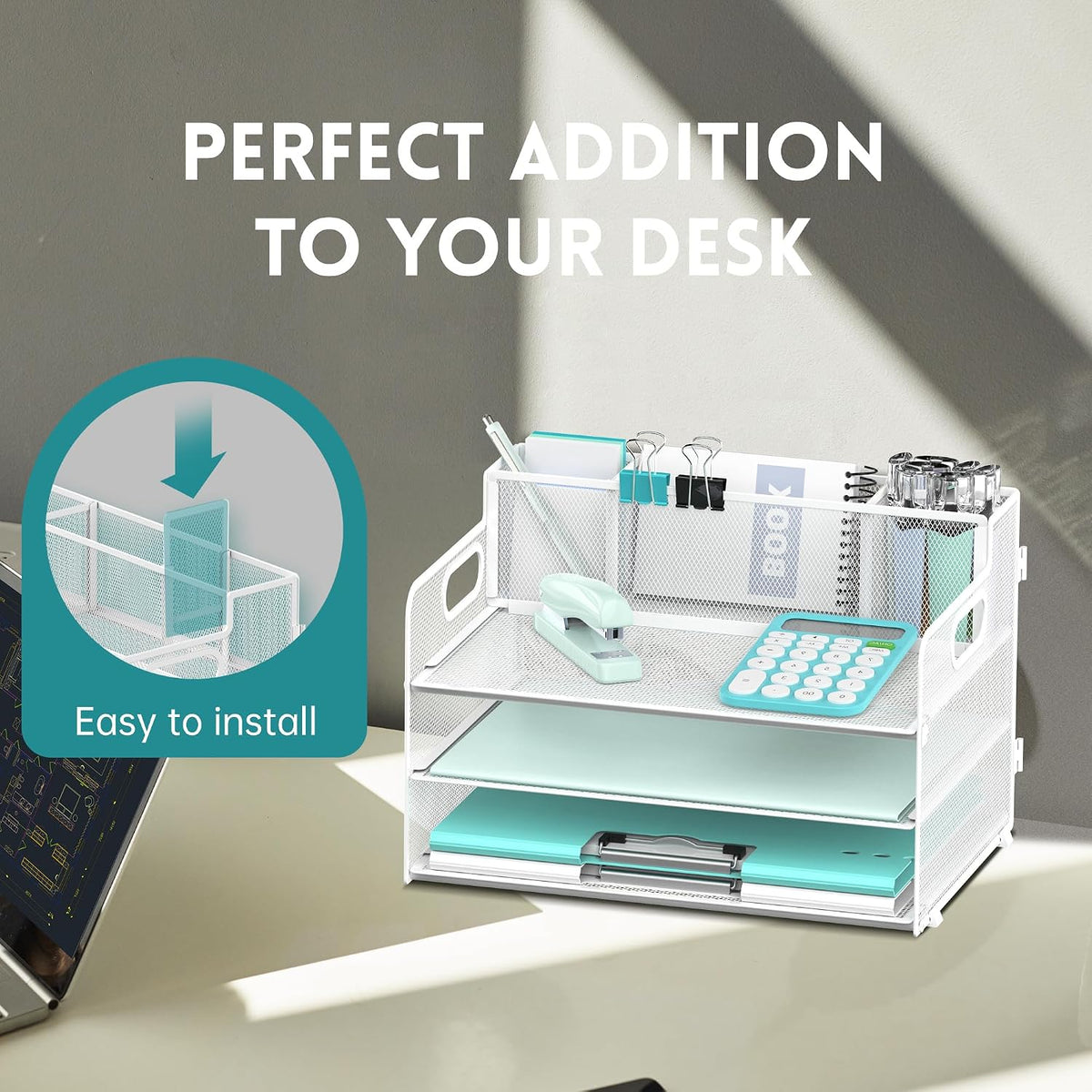 3 Tier Desk Organizer with Handle & 3 Pen Holders, Mesh Paper/File Organizer for Desk, Paper Letter Tray Organizer for Office Supplies (Black), 1 Pack, 3CST-3PH