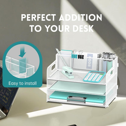 3 Tier Desk Organizer with Handle & 3 Pen Holders, Mesh Paper/File Organizer for Desk, Paper Letter Tray Organizer for Office Supplies (Black), 1 Pack, 3CST-3PH