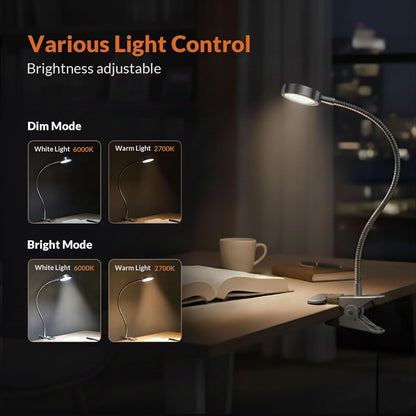 Clip on Light, Book Reading Lamp for Desk, Bed Headboard and Dorm