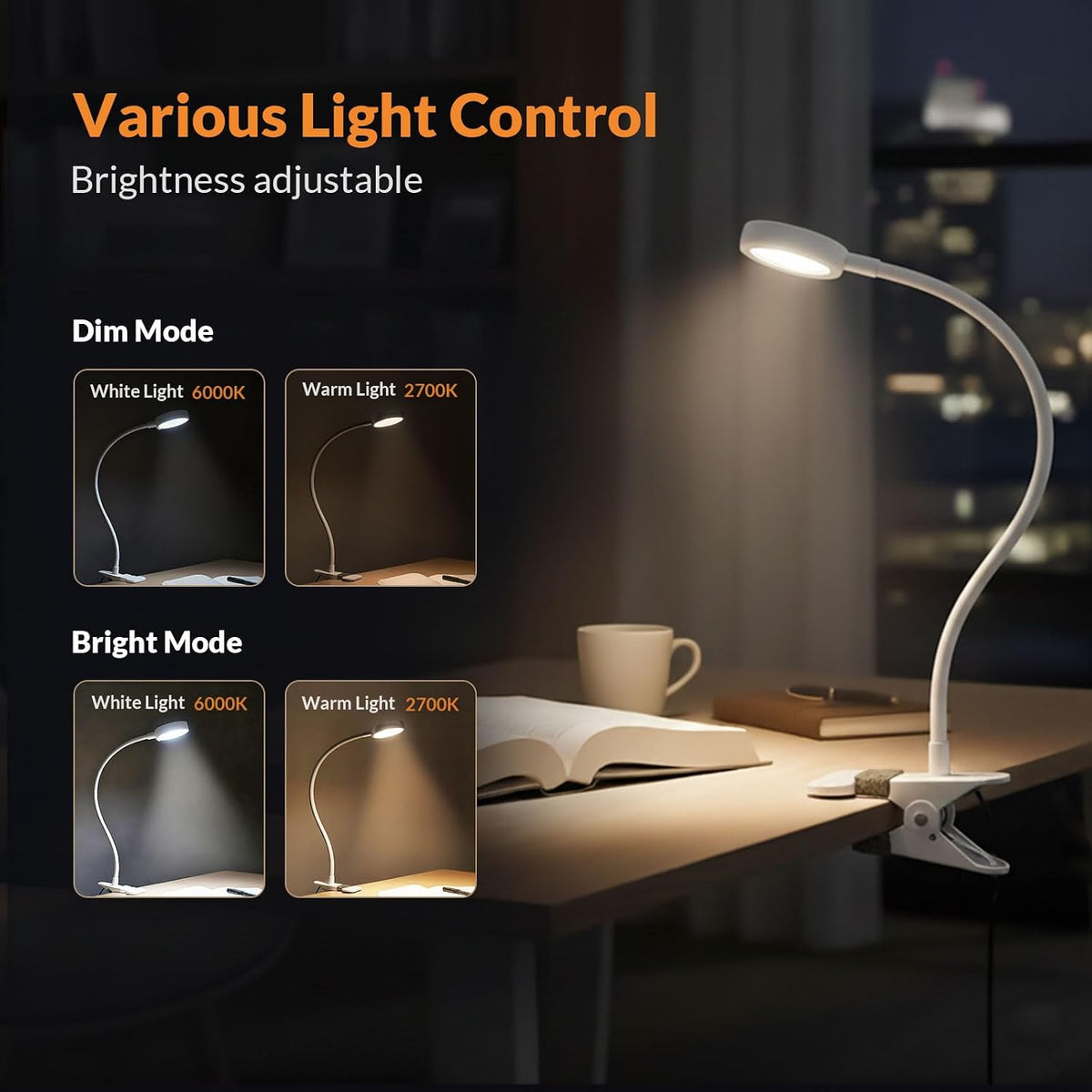 Clip on Light, Book Reading Lamp for Desk, Bed Headboard and Dorm