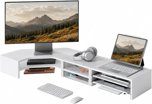 Dual Monitor Stand, Corner Desk Shelf with Drawer & Slide-Out Tray