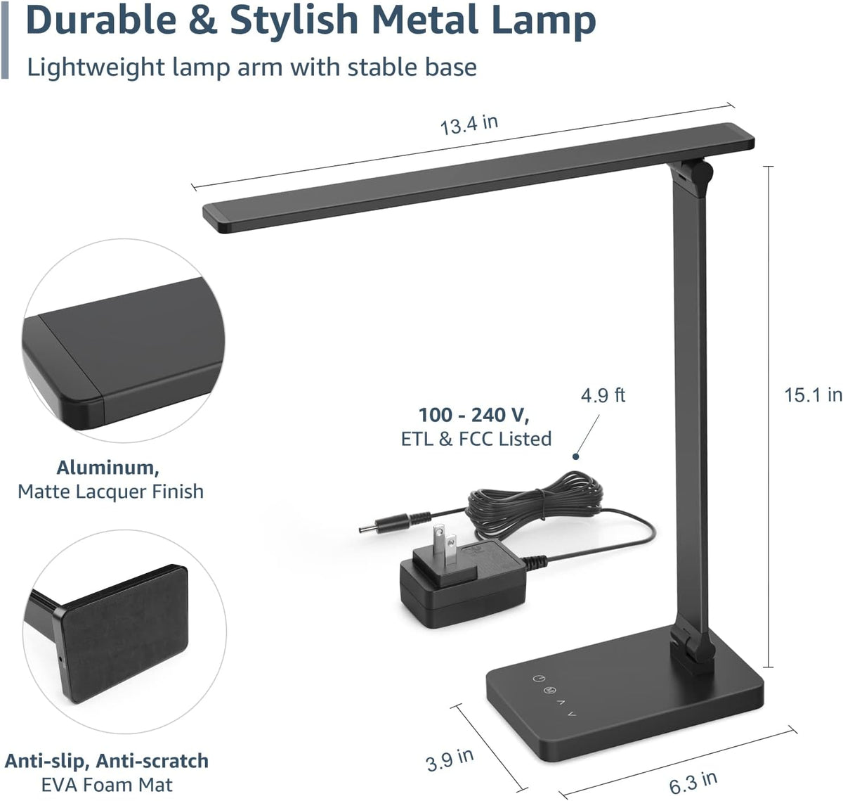 LED Desk Lamp 9.5W 800lm, Metal Desk Light for Home Office, White