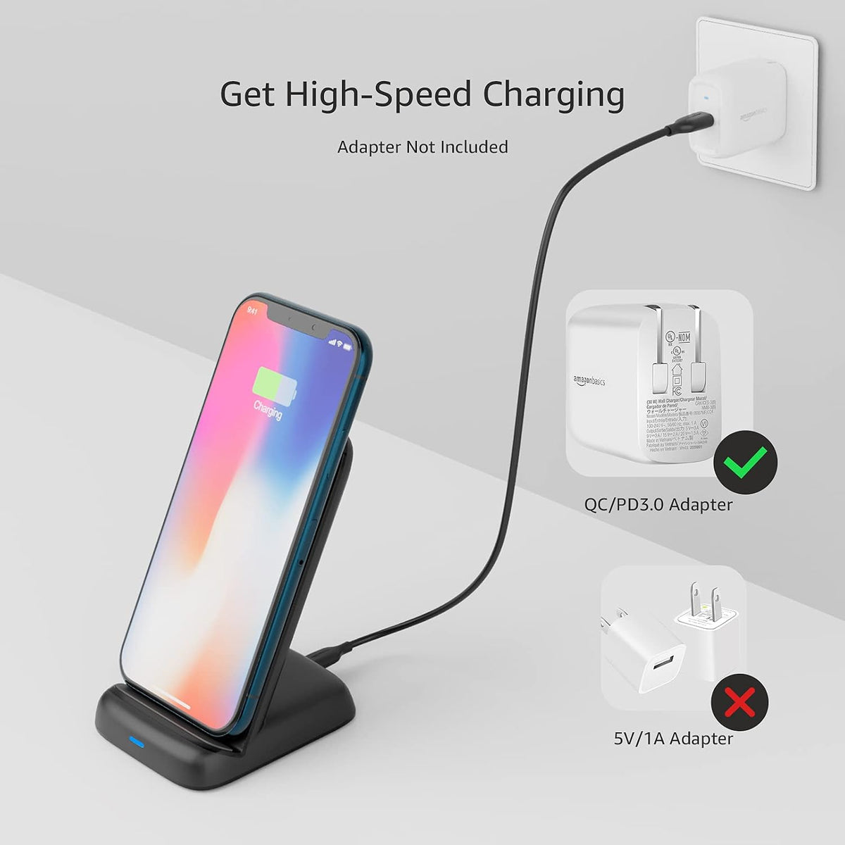 Wireless Phone Charger Stand, 10W Qi Certified with USB Cable, Compatible with iPhone 16/15/14/13/12/11/X, Samsung & More, with USB Cable, Black (No AC Adapter)
