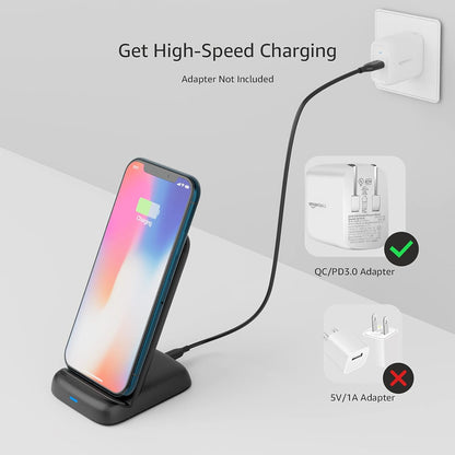 Wireless Phone Charger Stand, 10W Qi Certified with USB Cable, Compatible with iPhone 16/15/14/13/12/11/X, Samsung & More, with USB Cable, Black (No AC Adapter)