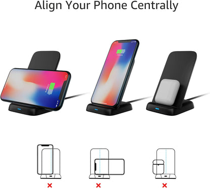 Wireless Phone Charger Stand, 10W Qi Certified with USB Cable, Compatible with iPhone 16/15/14/13/12/11/X, Samsung & More, with USB Cable, Black (No AC Adapter)