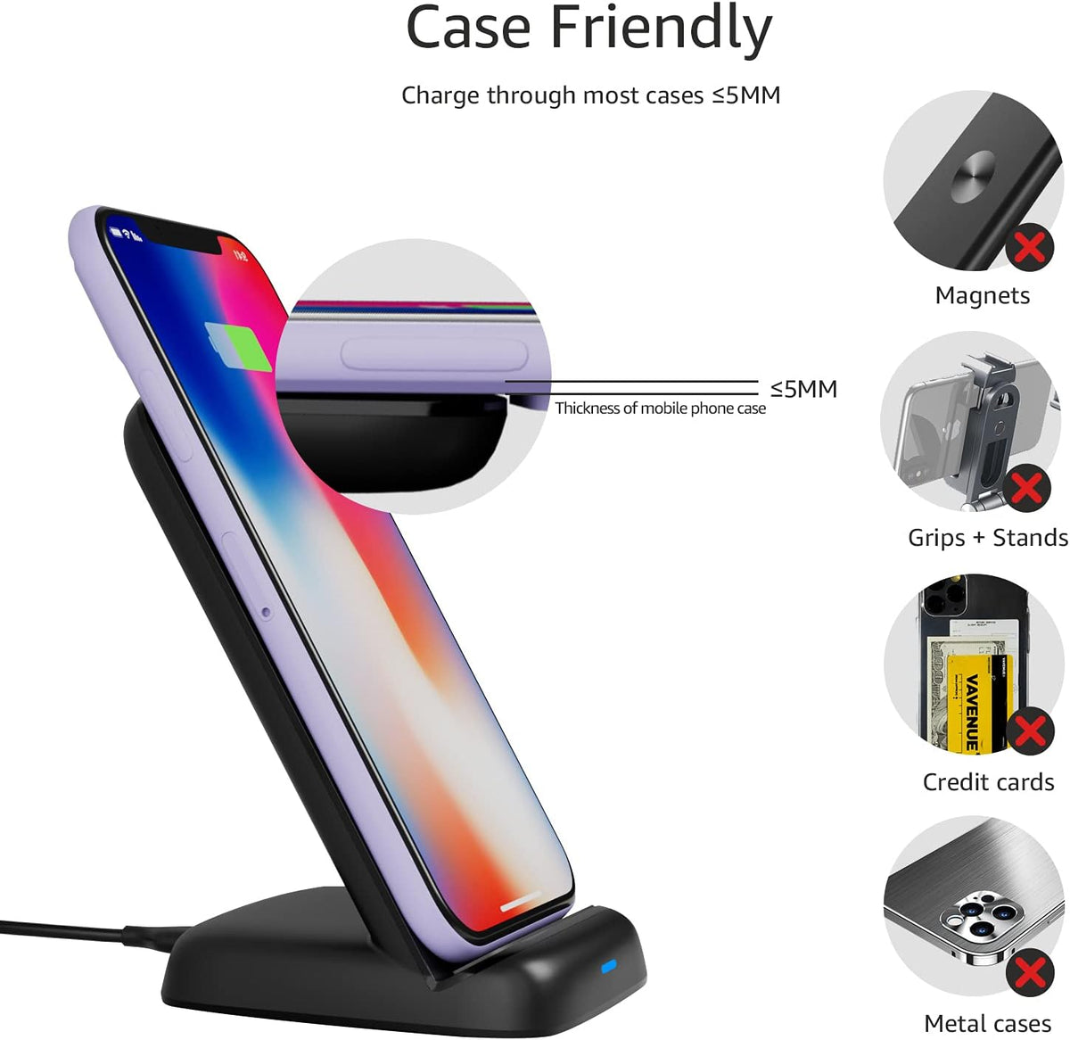 Wireless Phone Charger Stand, 10W Qi Certified with USB Cable, Compatible with iPhone 16/15/14/13/12/11/X, Samsung & More, with USB Cable, Black (No AC Adapter)
