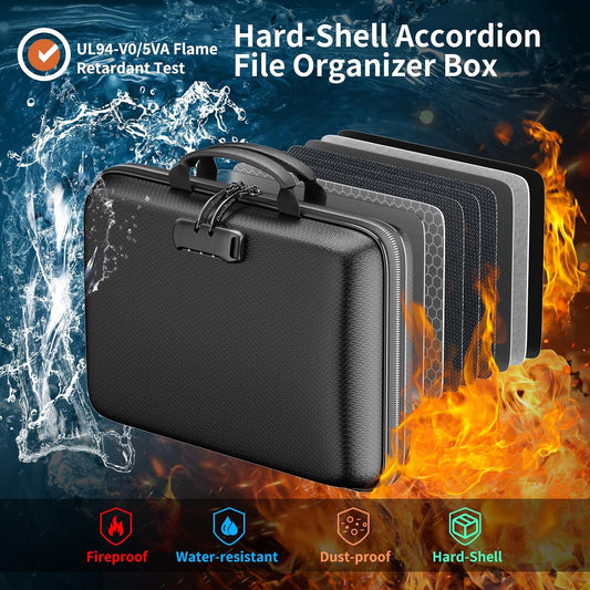 Fireproof File Organizer with Lock, Hard-Shell Case Fireproof Document Box with 13 Pocket Accordion File Folder, Portable Home Office Travel Safe Storage for Important Documents Laptop Black