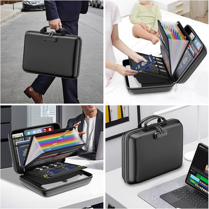 Fireproof File Organizer with Lock, Hard-Shell Case Fireproof Document Box with 13 Pocket Accordion File Folder, Portable Home Office Travel Safe Storage for Important Documents Laptop Black