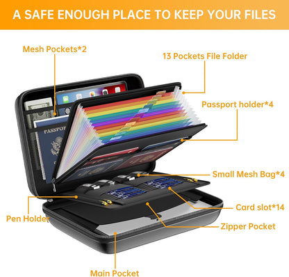 Fireproof File Organizer with Lock, Hard-Shell Case Fireproof Document Box with 13 Pocket Accordion File Folder, Portable Home Office Travel Safe Storage for Important Documents Laptop Black