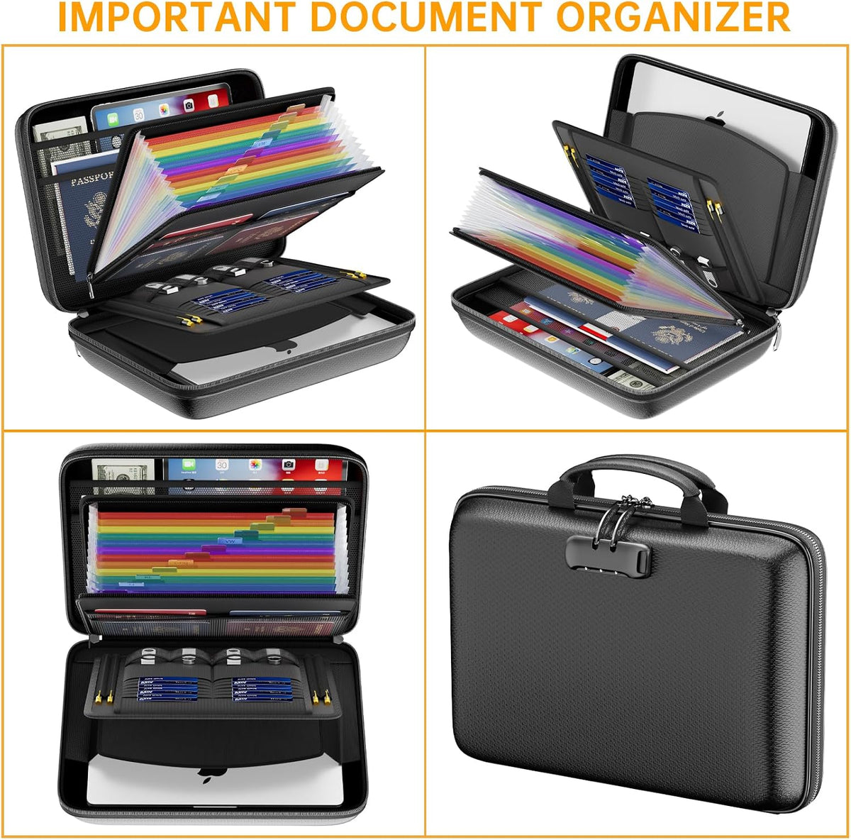 Fireproof File Organizer with Lock, Hard-Shell Case Fireproof Document Box with 13 Pocket Accordion File Folder, Portable Home Office Travel Safe Storage for Important Documents Laptop Black