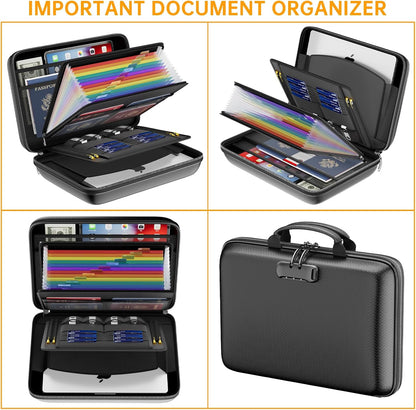 Fireproof File Organizer with Lock, Hard-Shell Case Fireproof Document Box with 13 Pocket Accordion File Folder, Portable Home Office Travel Safe Storage for Important Documents Laptop Black