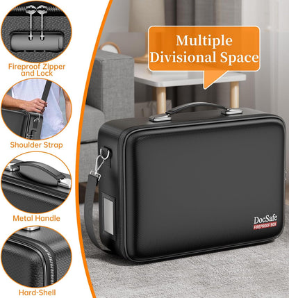 Fireproof File Organizer with Lock, Hard-Shell Case Fireproof Document Box with 13 Pocket Accordion File Folder, Portable Home Office Travel Safe Storage for Important Documents Laptop Black