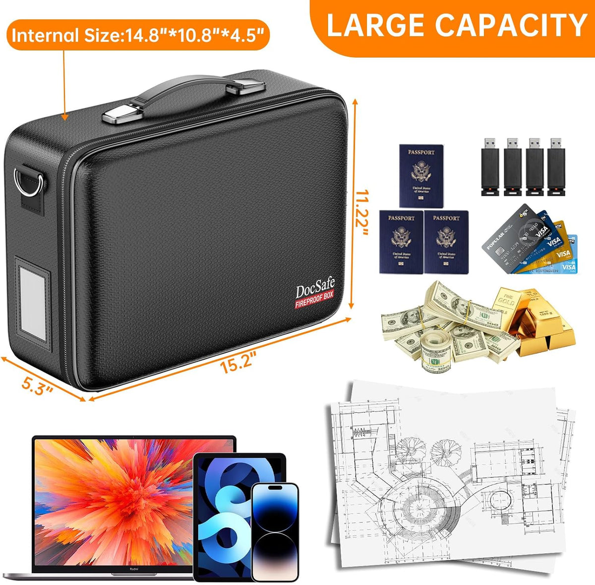 Fireproof File Organizer with Lock, Hard-Shell Case Fireproof Document Box with 13 Pocket Accordion File Folder, Portable Home Office Travel Safe Storage for Important Documents Laptop Black