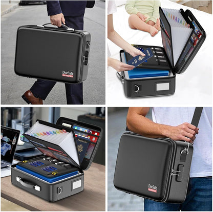 Fireproof File Organizer with Lock, Hard-Shell Case Fireproof Document Box with 13 Pocket Accordion File Folder, Portable Home Office Travel Safe Storage for Important Documents Laptop Black