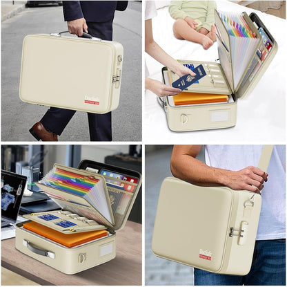 Fireproof File Organizer with Lock, Hard-Shell Case Fireproof Document Box with 13 Pocket Accordion File Folder, Portable Home Office Travel Safe Storage for Important Documents Laptop Black