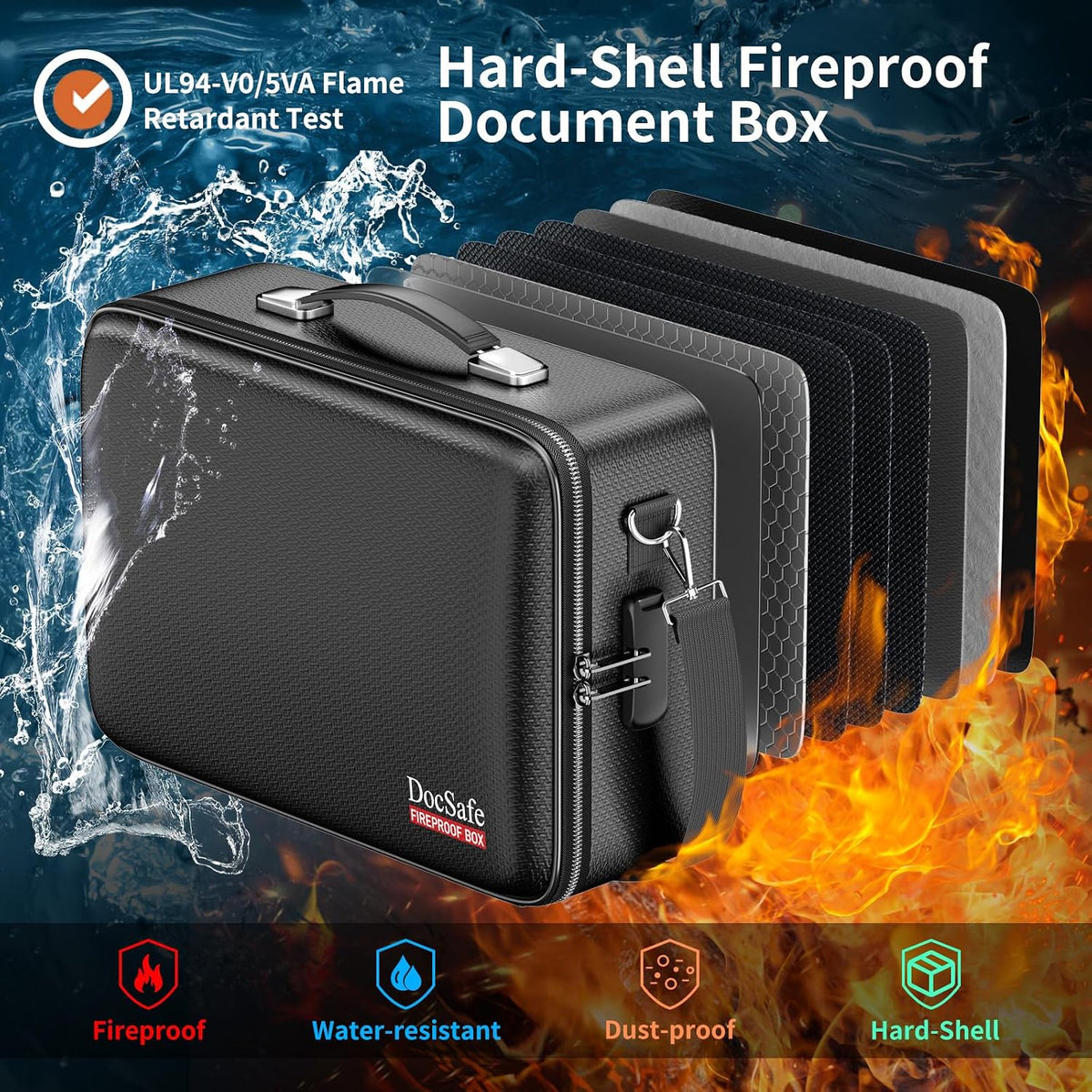 Fireproof File Organizer with Lock, Hard-Shell Case Fireproof Document Box with 13 Pocket Accordion File Folder, Portable Home Office Travel Safe Storage for Important Documents Laptop Black