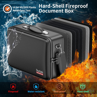 Fireproof File Organizer with Lock, Hard-Shell Case Fireproof Document Box with 13 Pocket Accordion File Folder, Portable Home Office Travel Safe Storage for Important Documents Laptop Black