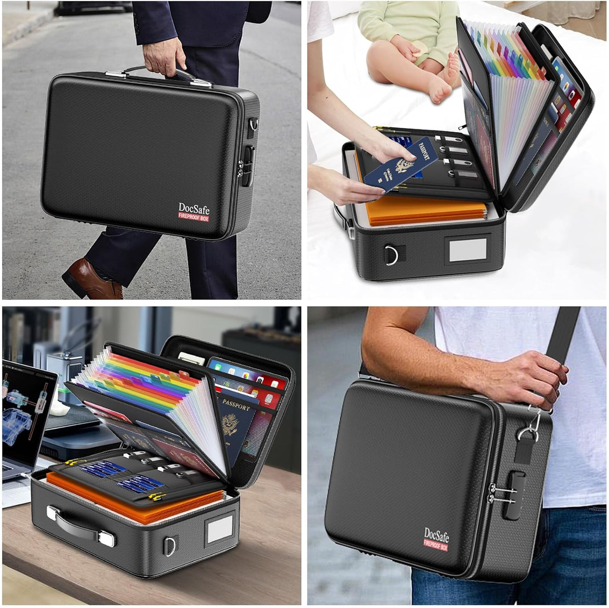 Fireproof File Organizer with Lock, Hard-Shell Case Fireproof Document Box with 13 Pocket Accordion File Folder, Portable Home Office Travel Safe Storage for Important Documents Laptop Black